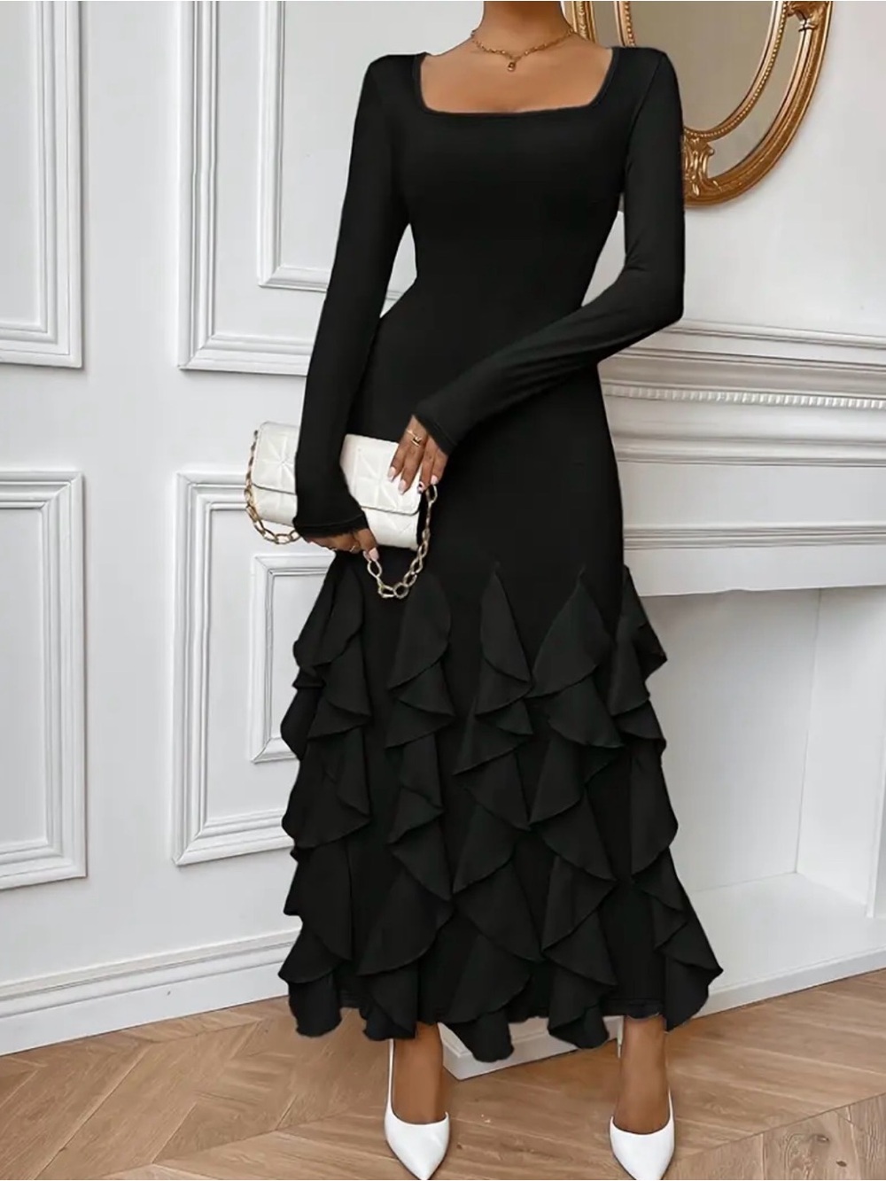 Elegant Black Long-Sleeve Ruffled Hem Dress Maxi NWT Size Large Wedding